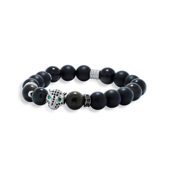 The Silver Leopard Head Obsidian Bracelet