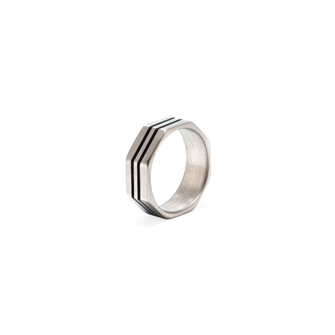 Parallel Line Engraved Octagon  - Silver Edition Ring