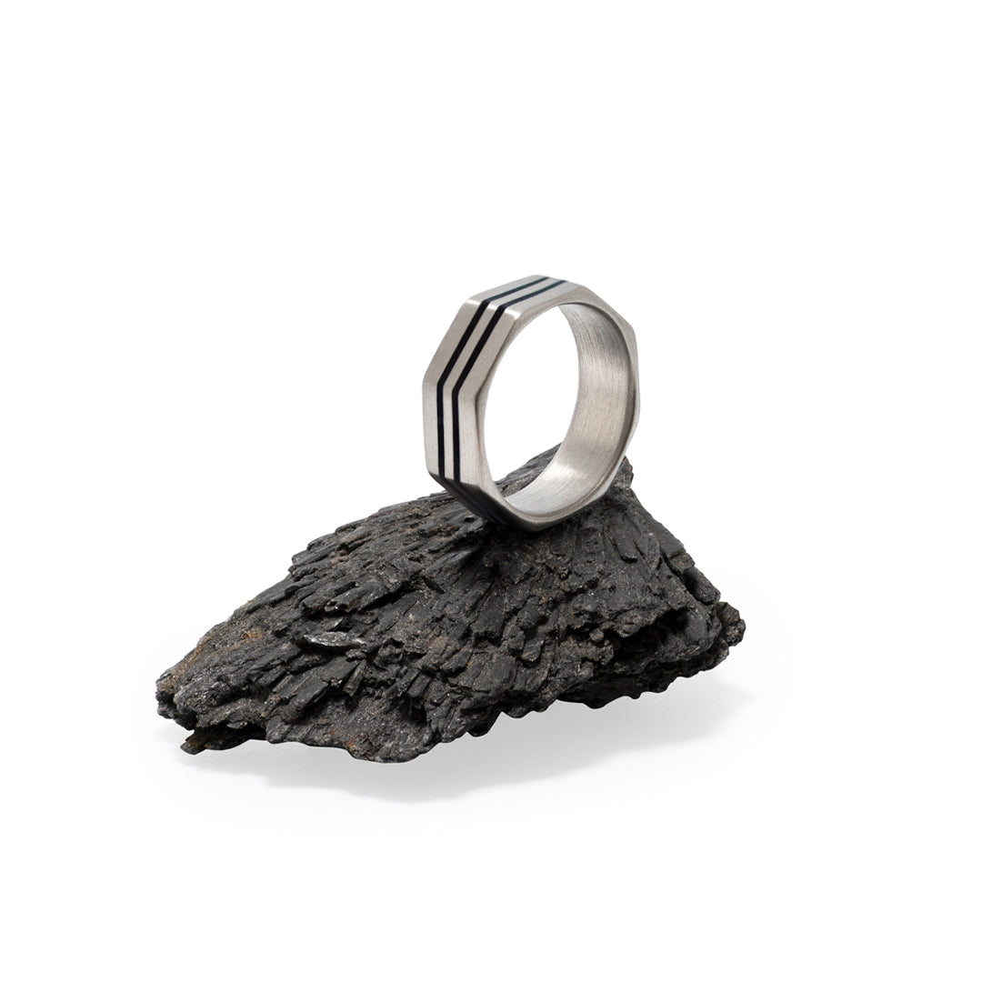 Parallel Line Engraved Octagon  - Silver Edition Ring