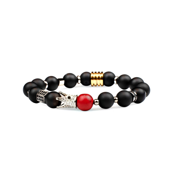 Silver Crown Red Turquoise Black Agate Bracelet